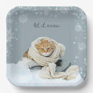 Winter Cat Let It Snow Square Paper Plates