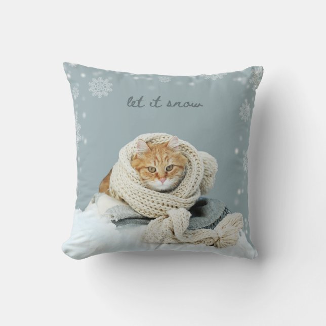 Winter Cat Let It Snow Square Throw Pillow (Front)