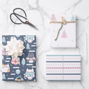 Winter Cats Fun Pastel Holiday Christmas Wrapping Paper Sheet