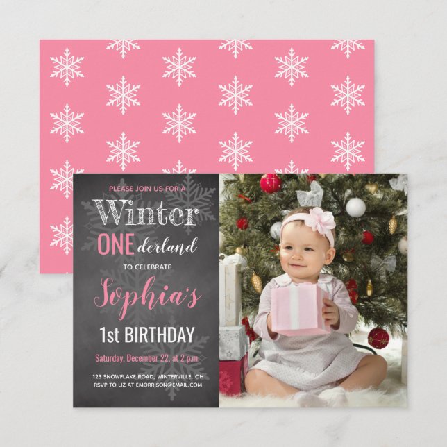 Winter Chalkboard Photo Girl's 1st Birthday Invitation (Front/Back)