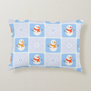 Winter chequered pattern snowman and snowflakes accent pillow
