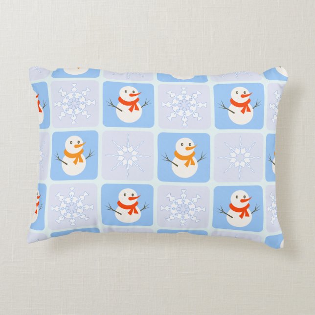 Winter chequered pattern snowman and snowflakes accent pillow (Back)