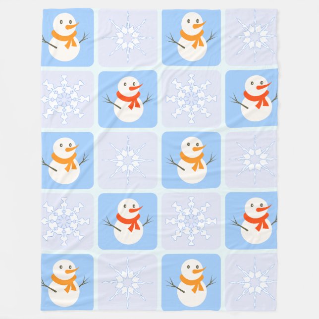 Winter chequered pattern snowman and snowflakes fleece blanket (Front)