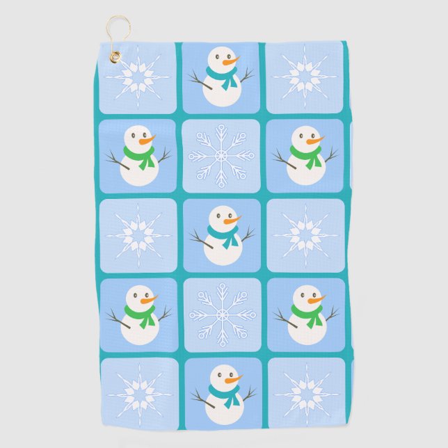 Winter chequered pattern snowman and snowflakes golf towel (Front)