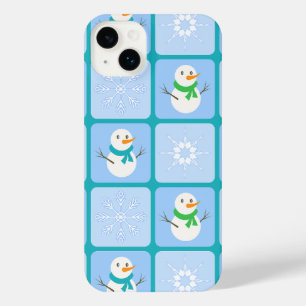 Winter chequered pattern snowman and snowflakes iPhone 14 plus case