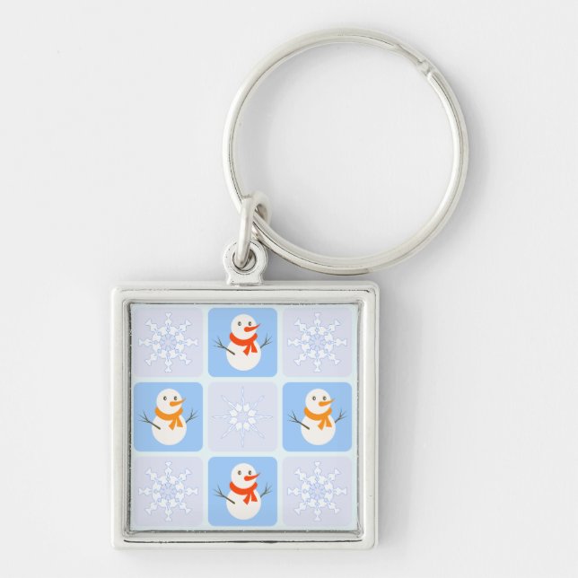 Winter chequered pattern snowman and snowflakes keychain (Front)