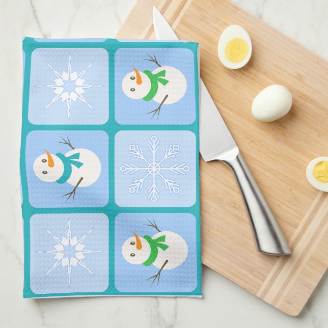 Winter chequered pattern snowman and snowflakes kitchen towel (Quarter Fold)
