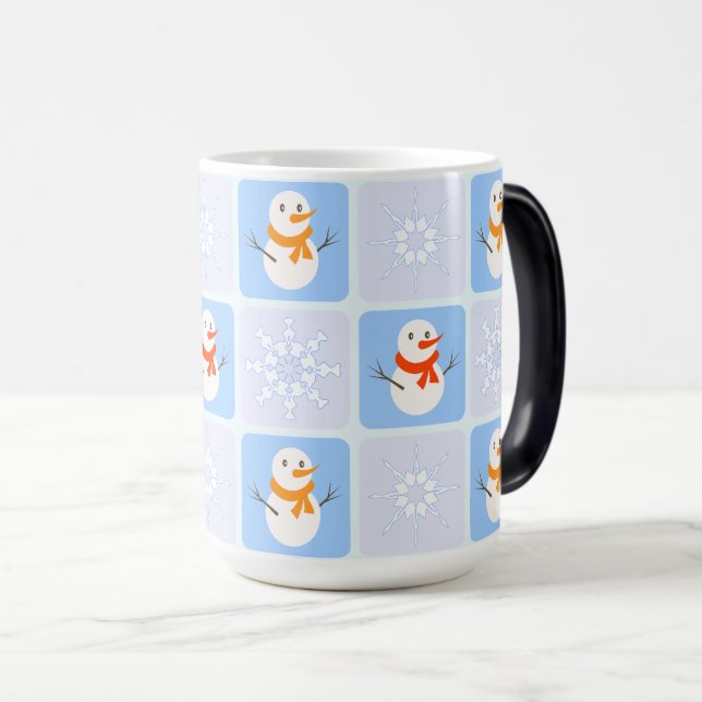 Winter chequered pattern snowman and snowflakes magic mug (Front Right)