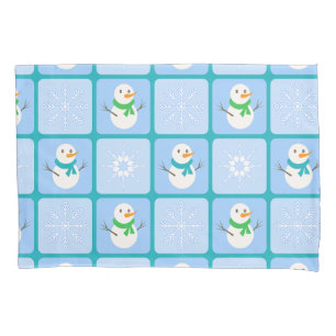 Winter chequered pattern snowman and snowflakes pillowcase