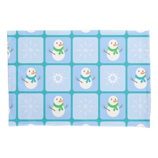 Winter chequered pattern snowman and snowflakes pillowcase (Front-Left)