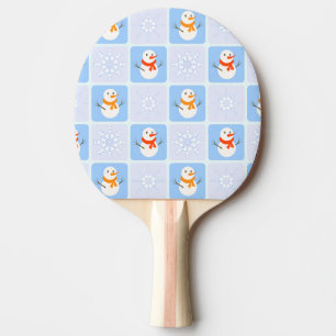 Winter chequered pattern snowman and snowflakes ping pong paddle