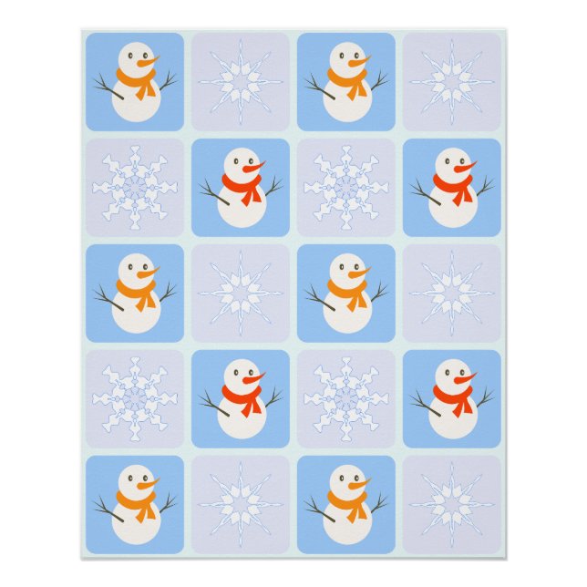 Winter chequered pattern snowman and snowflakes poster (Front)