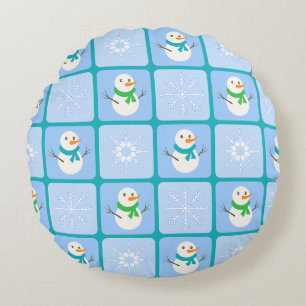 Winter chequered pattern snowman and snowflakes round pillow