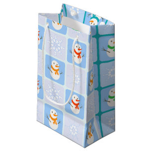Winter chequered pattern snowman and snowflakes small gift bag