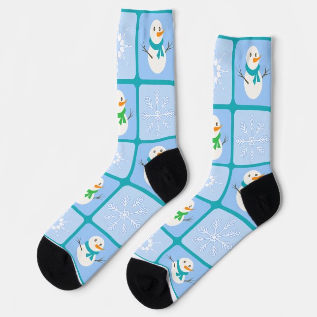 Winter chequered pattern snowman and snowflakes socks (Left)