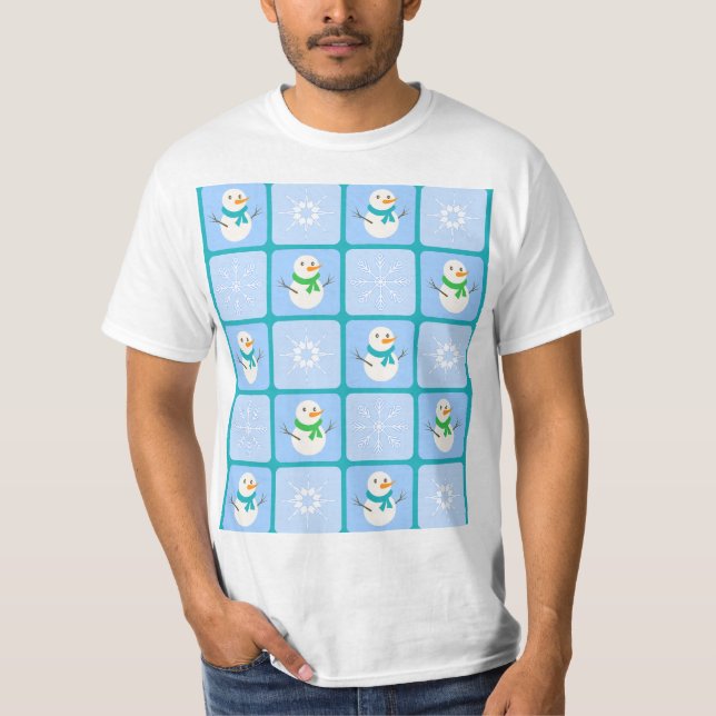 Winter chequered pattern snowman and snowflakes T-Shirt (Front)