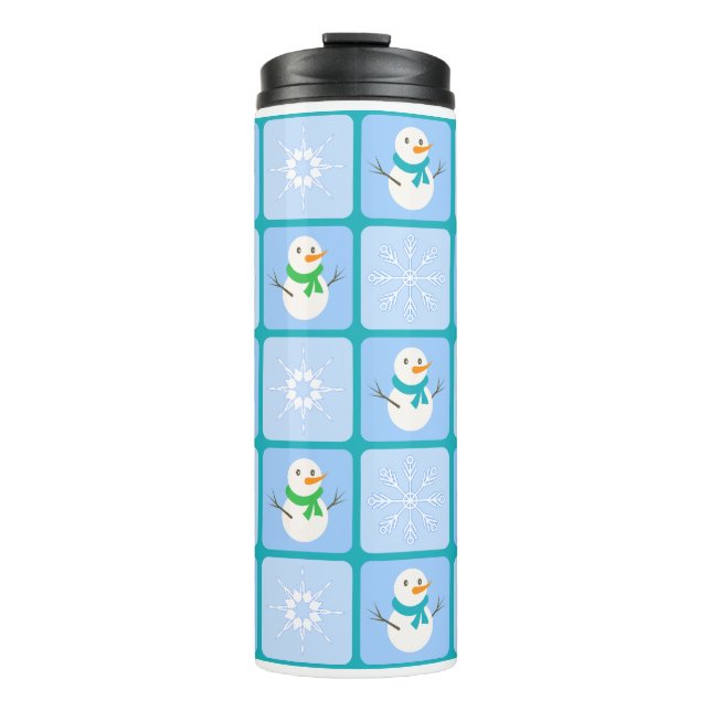 Winter chequered pattern snowman and snowflakes thermal tumbler (Front)