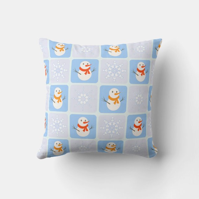 Winter chequered pattern snowman and snowflakes throw pillow (Back)