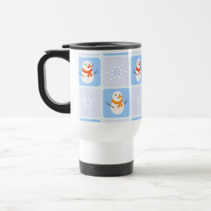 Winter chequered pattern snowman and snowflakes travel mug