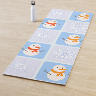 Winter chequered pattern snowman and snowflakes yoga mat