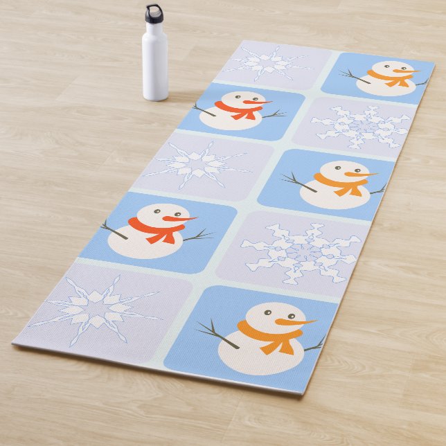 Winter chequered pattern snowman and snowflakes yoga mat (In Situ)