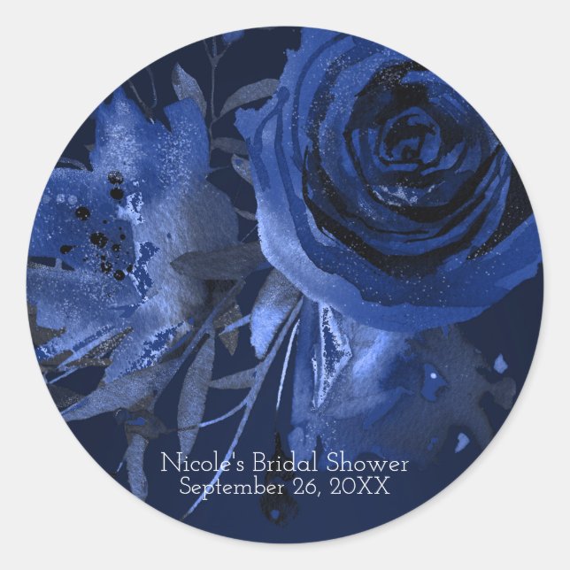 Winter Chic Floral Blue Rose Bold Wedding Favour Classic Round Sticker (Front)
