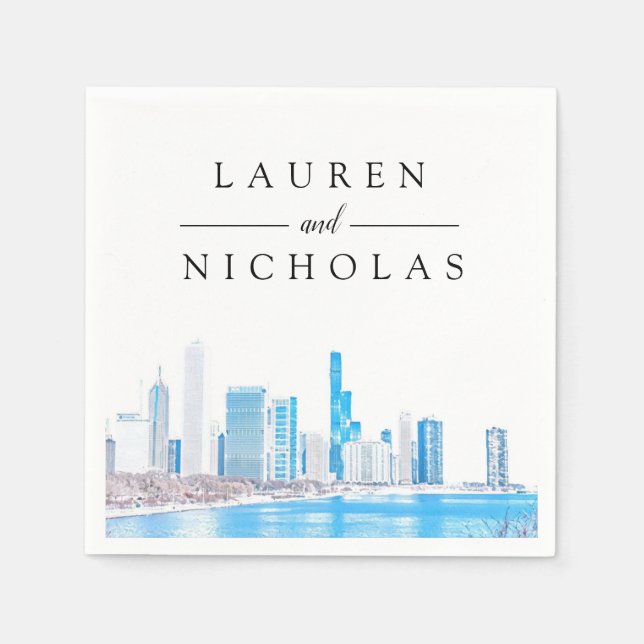 Winter Chicago Skyline Personalized Wedding Napkin (Front)