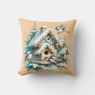 Winter Chickadee Birdhouse Village Throw Pillow