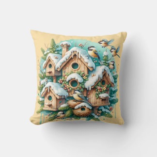 Winter Chickadee Birdhouse Village Throw Pillow