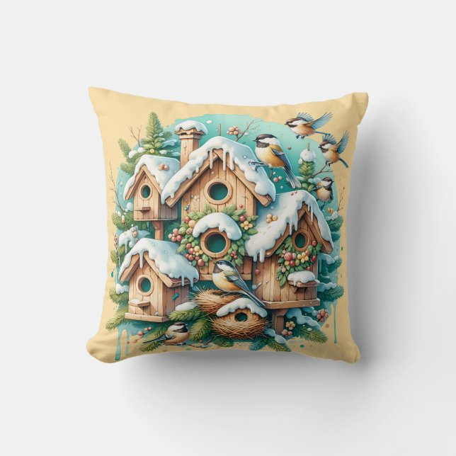 Winter Chickadee Birdhouse Village Throw Pillow (Front)