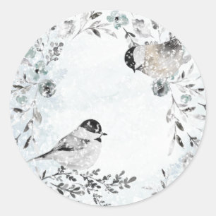 Winter Chickadee Birds Dusty Blue Wreath Christmas Classic Round Sticker