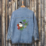 Winter Chickadee Christmas Denim Jacket<br><div class="desc">A chickadee perches on a snow-dusted tree branch in this winter illustration.  Christmas holly and the little bird is surrounded by two  holiday ornaments—one round and one teardrop-shaped—both adorned with festive patterns and rich seasonal colours. Snowflakes and snow falling all around in a backdrop of light blue.</div>