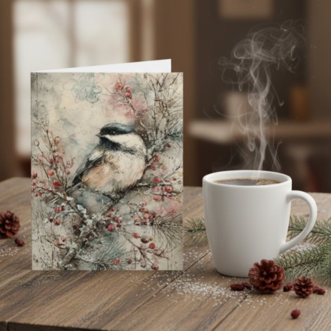 Winter Chickadee Watercolor Christmas Card – Peace (Creator Uploaded)
