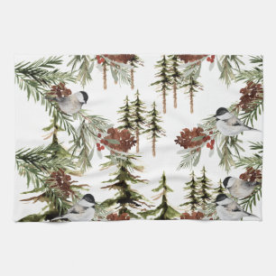Winter Chickadees Spruce Tree Woodland Holiday Kitchen Towel