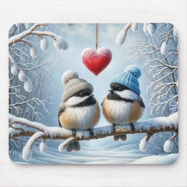 Winter Chickadees With Red Heart Mouse Pad (Front)