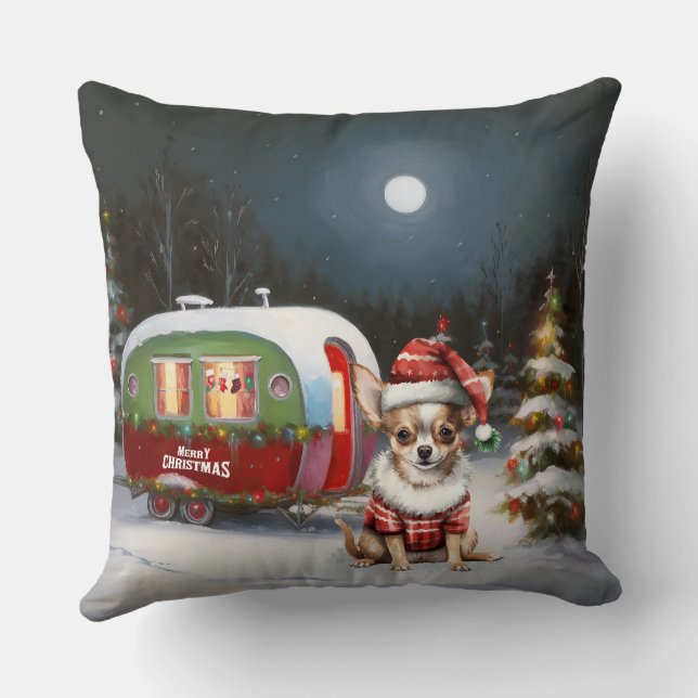 Winter Chihuahua Caravan Christmas Adventure  Throw Pillow (Back)