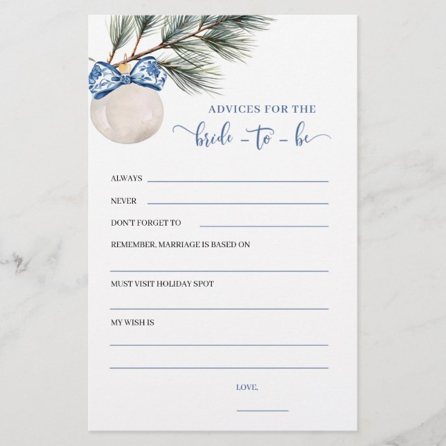 Winter Chinoiserie Bow Advices Bride To Be Game (Front)