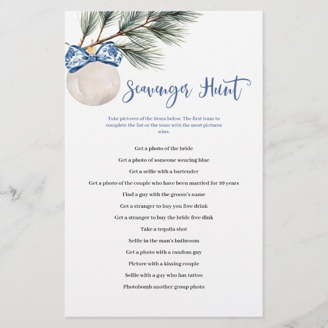 Winter Chinoiserie Bow Scavenger Hunt Games Card (Front)