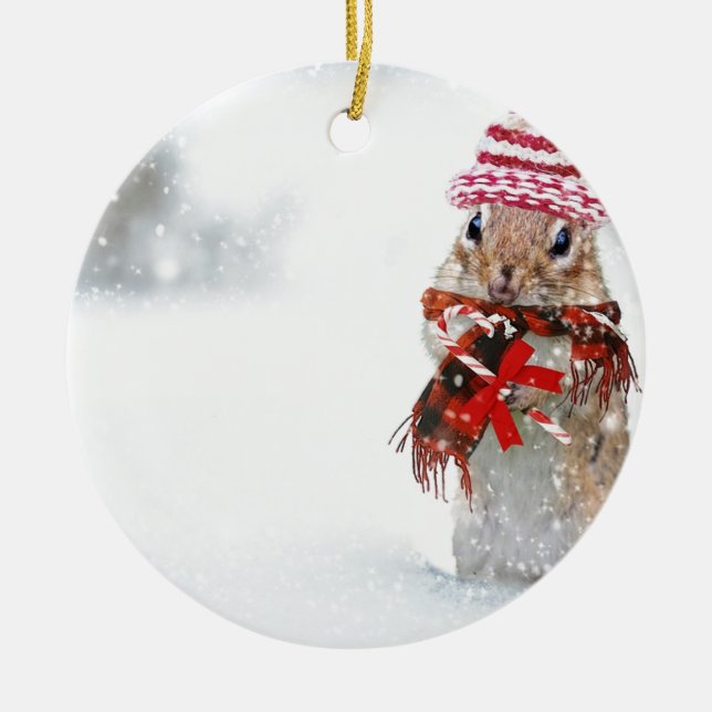 Winter Chipmunk Knit Hat Red Scarf Bundled Up Ceramic Ornament (Front)