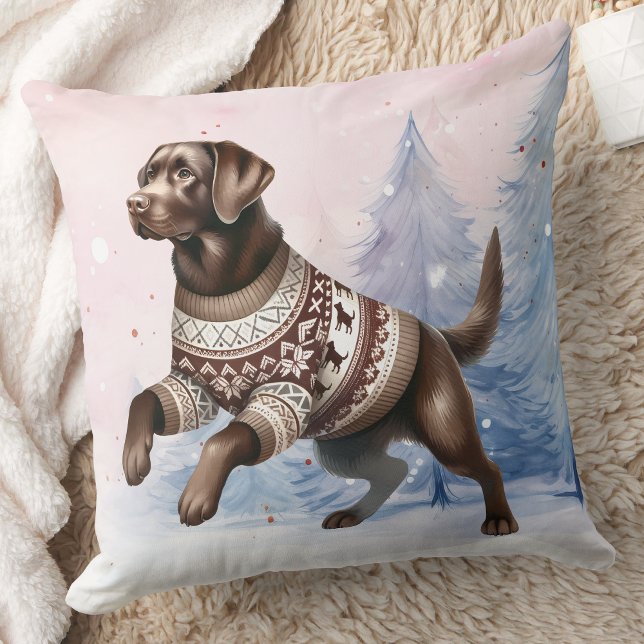 Winter Chocolate Labrador Retriever Snow Dog  Throw Pillow (Creator Uploaded)