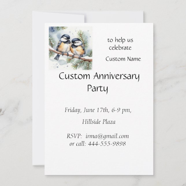 Winter Christmas Anniversary Party Chickadee Birds Invitation (Back)