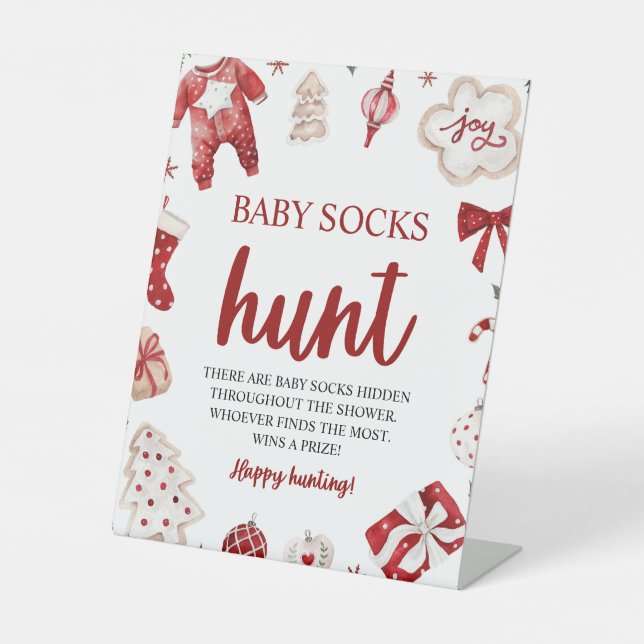 Winter Christmas Baby Sock Hunt Baby Shower Game Pedestal Sign (Front)