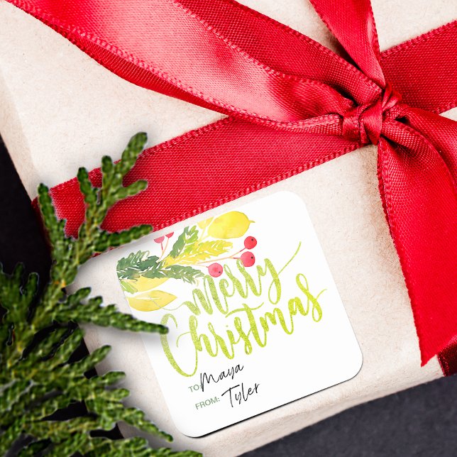 Winter Christmas Berries To and From Square Sticker (Winter Christmas Berries | Gift Tag Sticker)