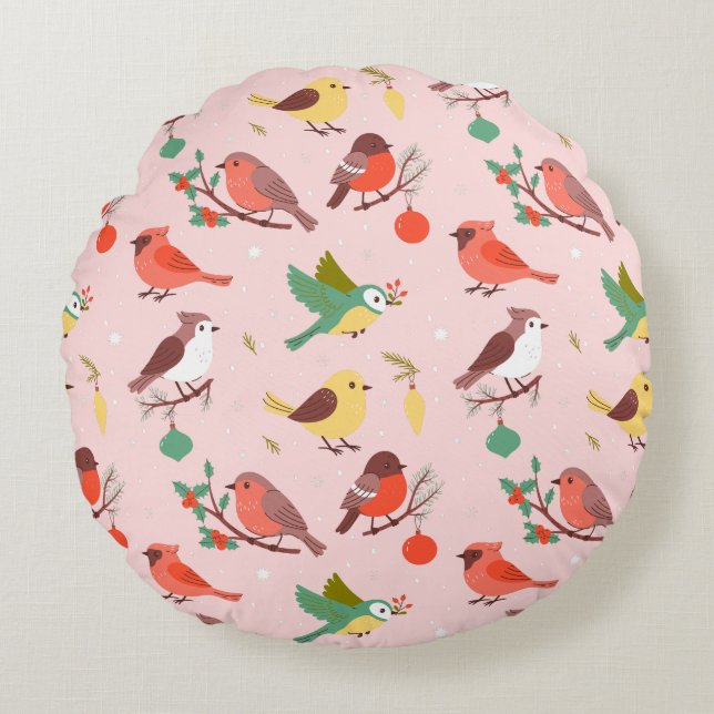 Winter Christmas Birds Kids Round Pillow (Front)