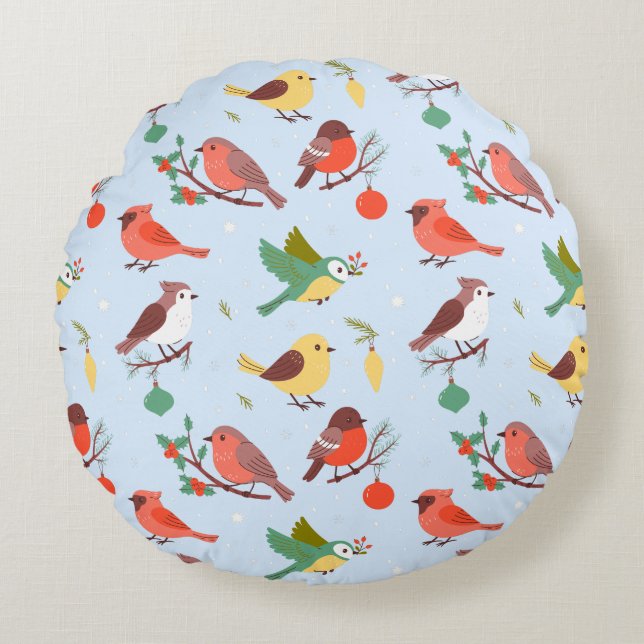Winter Christmas Birds Kids Round Pillow (Front)