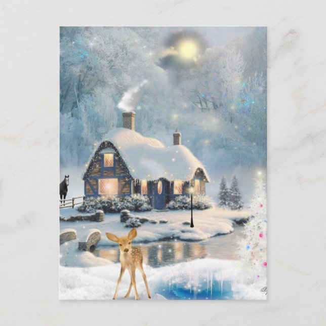 Winter Christmas Cottage Holiday Postcard (Front)