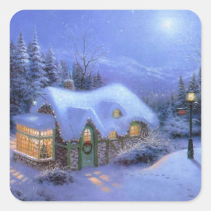 Winter Christmas Cottage In the Snow Square Sticker