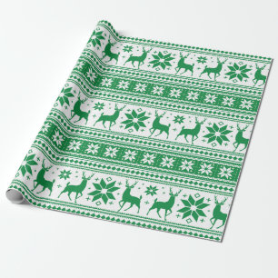 Winter Christmas Deer Green Snowflake Pattern Wrapping Paper