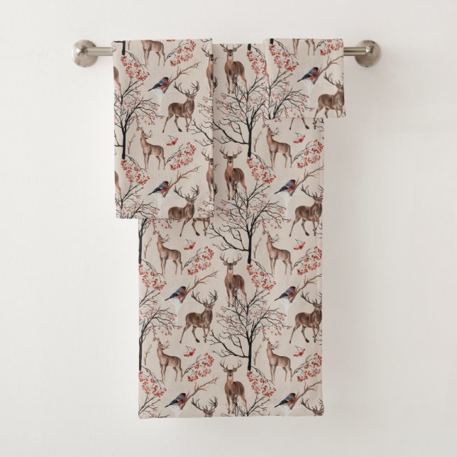 Winter Christmas Deer Pattern Bath Towel Set (Insitu)