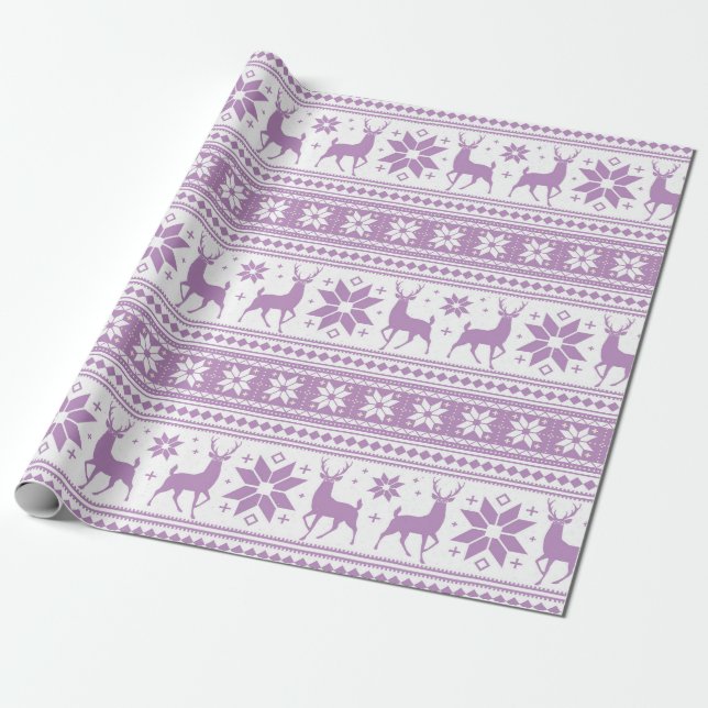 Winter Christmas Deer Purple Snowflake Pattern Wrapping Paper (Unrolled)